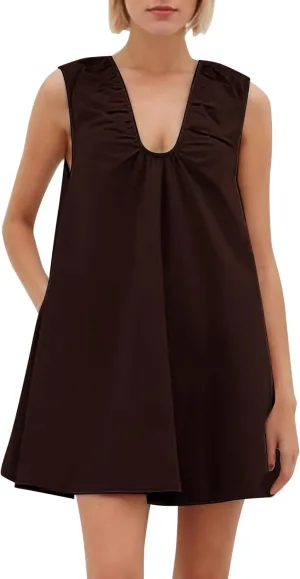 Womens Preppy Babydoll Tank Mini Dress Scoop Neck Short Sundress Loose Ruched U Neck Summer Party Dresse with Pockets
