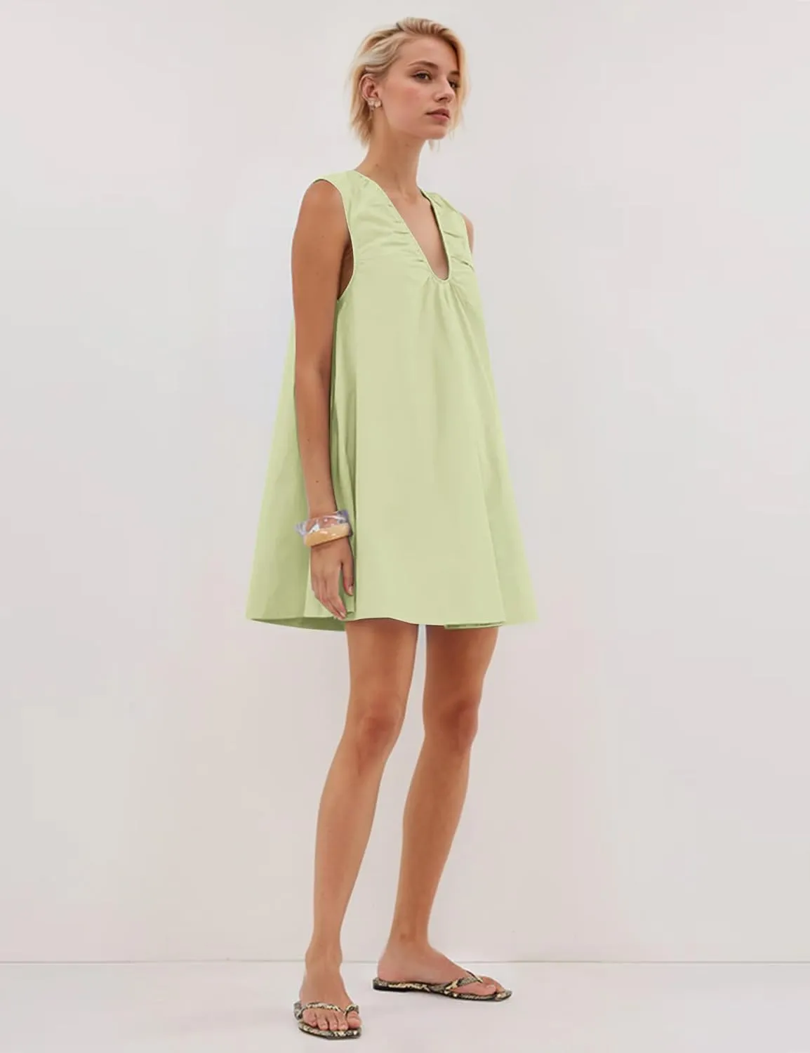 Womens Preppy Babydoll Tank Mini Dress Scoop Neck Short Sundress Loose Ruched U Neck Summer Party Dresse with Pockets