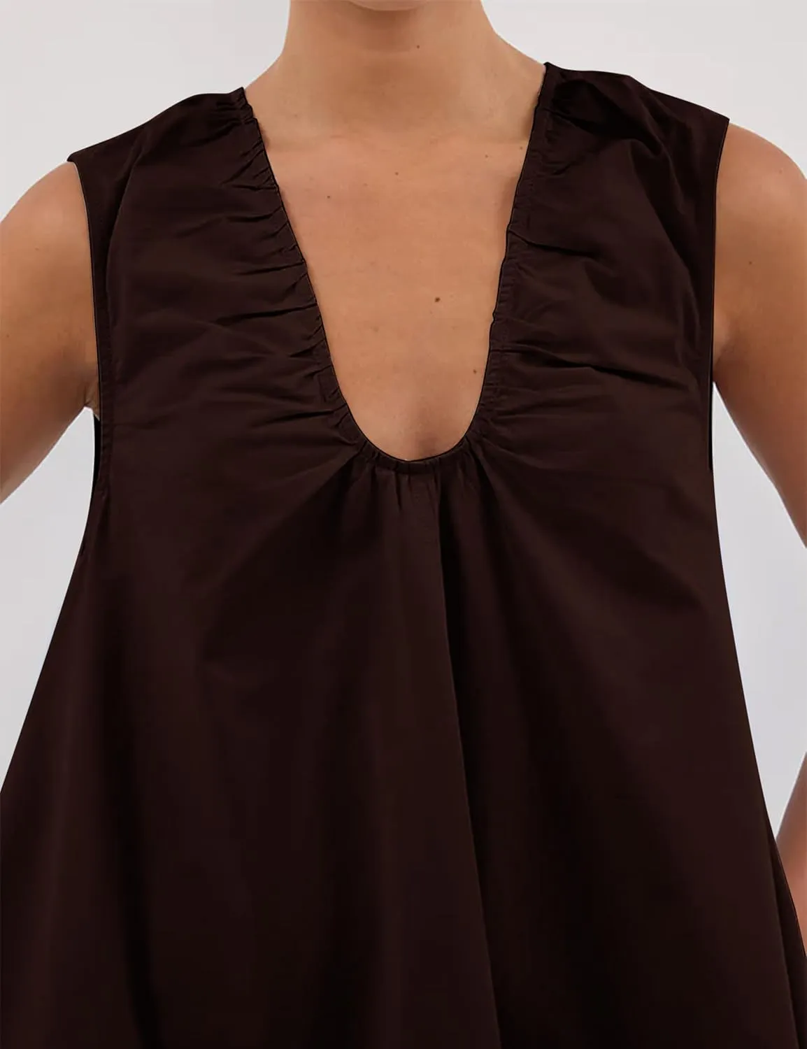 Womens Preppy Babydoll Tank Mini Dress Scoop Neck Short Sundress Loose Ruched U Neck Summer Party Dresse with Pockets