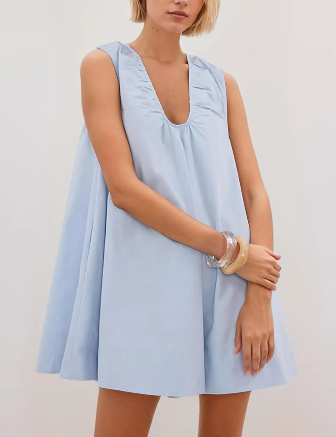 Womens Preppy Babydoll Tank Mini Dress Scoop Neck Short Sundress Loose Ruched U Neck Summer Party Dresse with Pockets