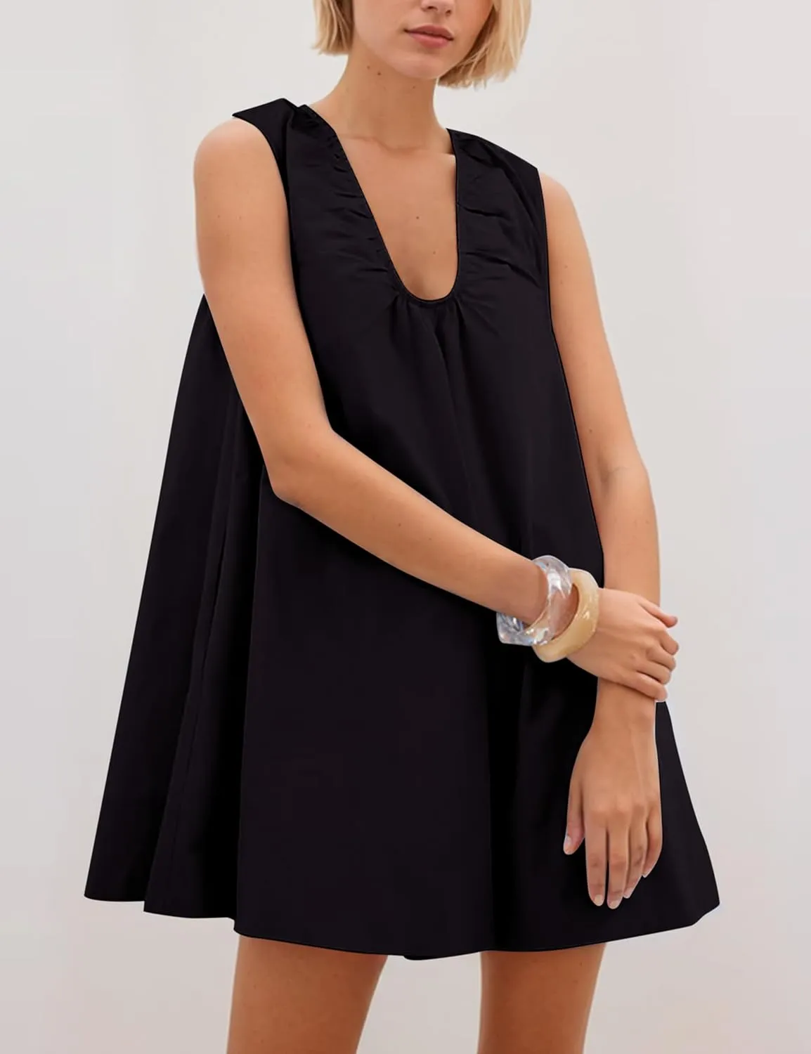 Womens Preppy Babydoll Tank Mini Dress Scoop Neck Short Sundress Loose Ruched U Neck Summer Party Dresse with Pockets