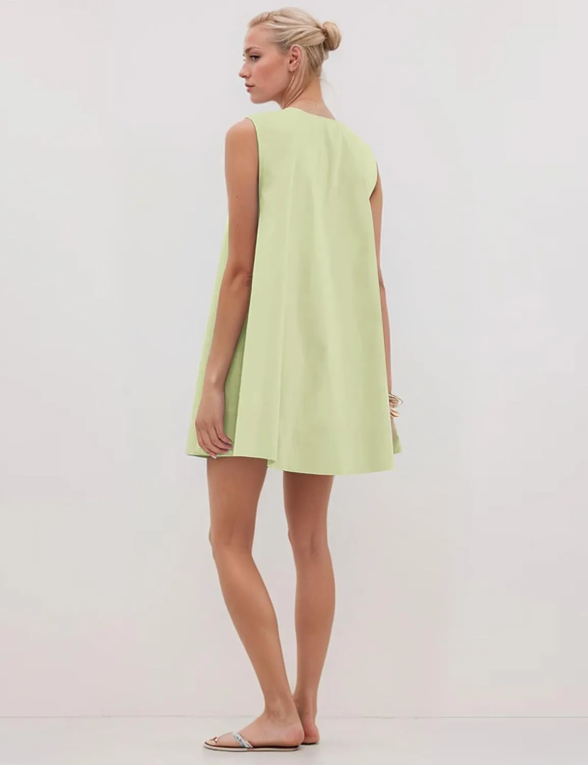 Womens Preppy Babydoll Tank Mini Dress Scoop Neck Short Sundress Loose Ruched U Neck Summer Party Dresse with Pockets