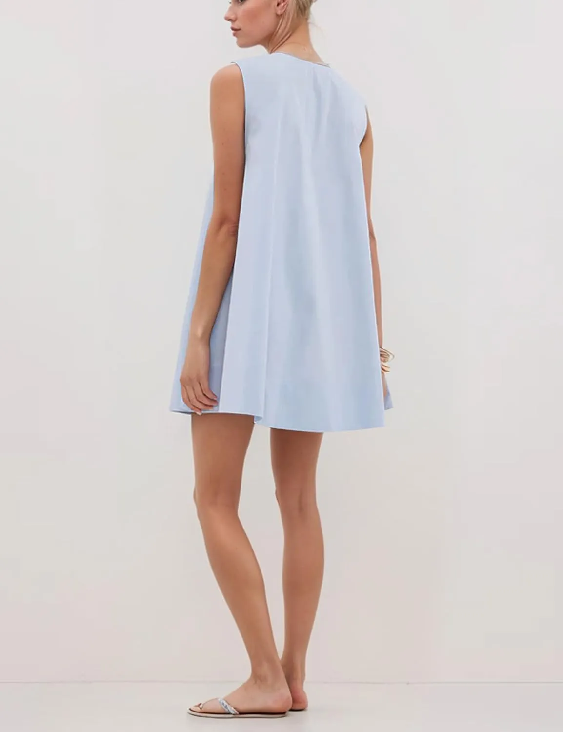 Womens Preppy Babydoll Tank Mini Dress Scoop Neck Short Sundress Loose Ruched U Neck Summer Party Dresse with Pockets
