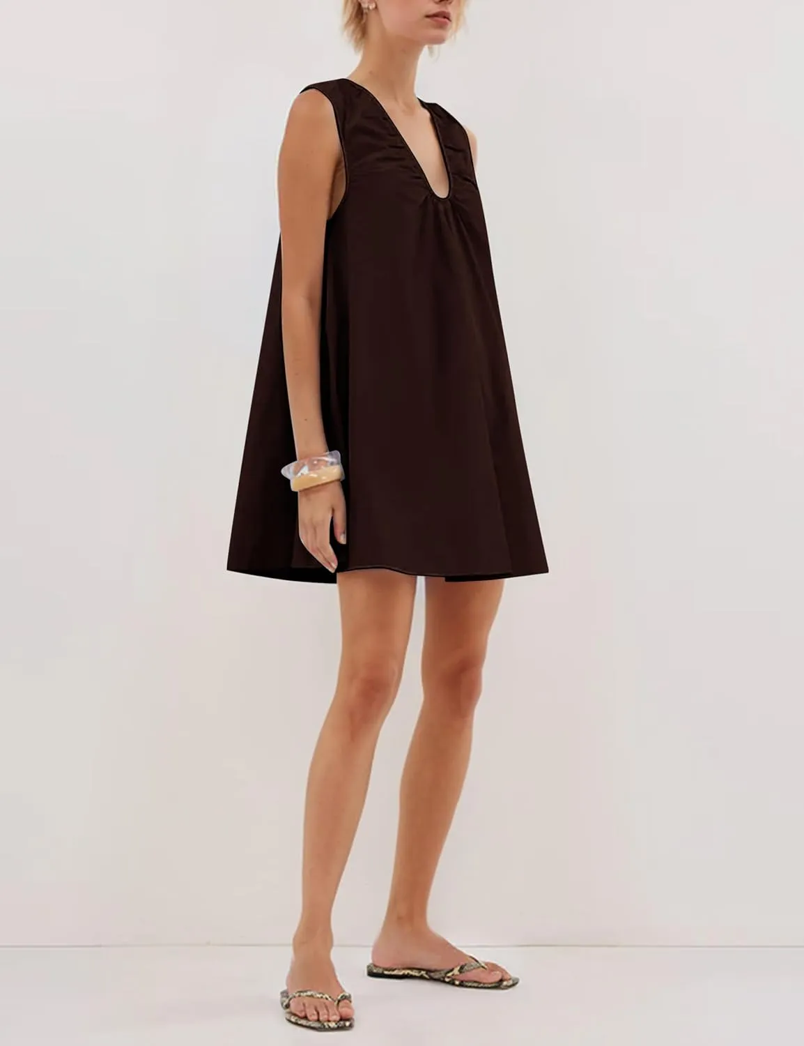 Womens Preppy Babydoll Tank Mini Dress Scoop Neck Short Sundress Loose Ruched U Neck Summer Party Dresse with Pockets