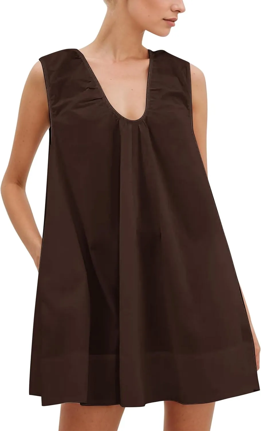 Womens Preppy Babydoll Tank Mini Dress Scoop Neck Short Sundress Loose Ruched U Neck Summer Party Dresse with Pockets
