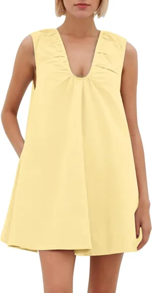 Womens Preppy Babydoll Tank Mini Dress Scoop Neck Short Sundress Loose Ruched U Neck Summer Party Dresses with Pocket