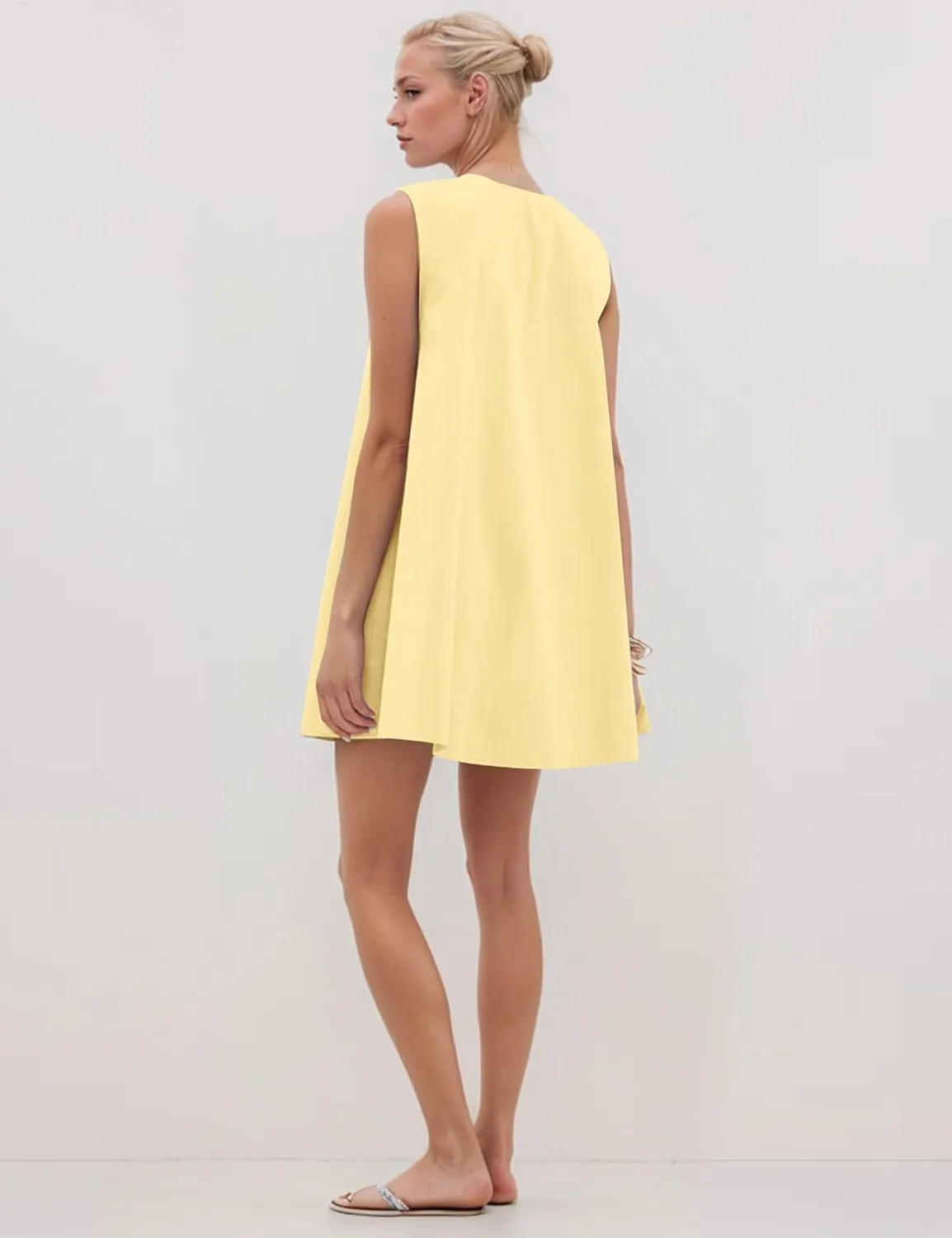 Womens Preppy Babydoll Tank Mini Dress Scoop Neck Short Sundress Loose Ruched U Neck Summer Party Dresses with Pocket