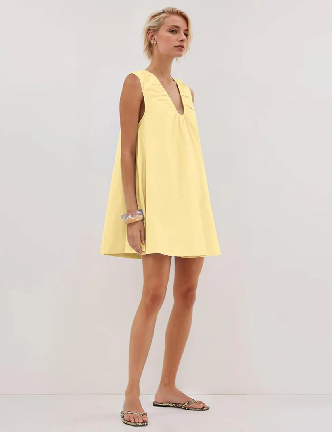 Womens Preppy Babydoll Tank Mini Dress Scoop Neck Short Sundress Loose Ruched U Neck Summer Party Dresses with Pocket