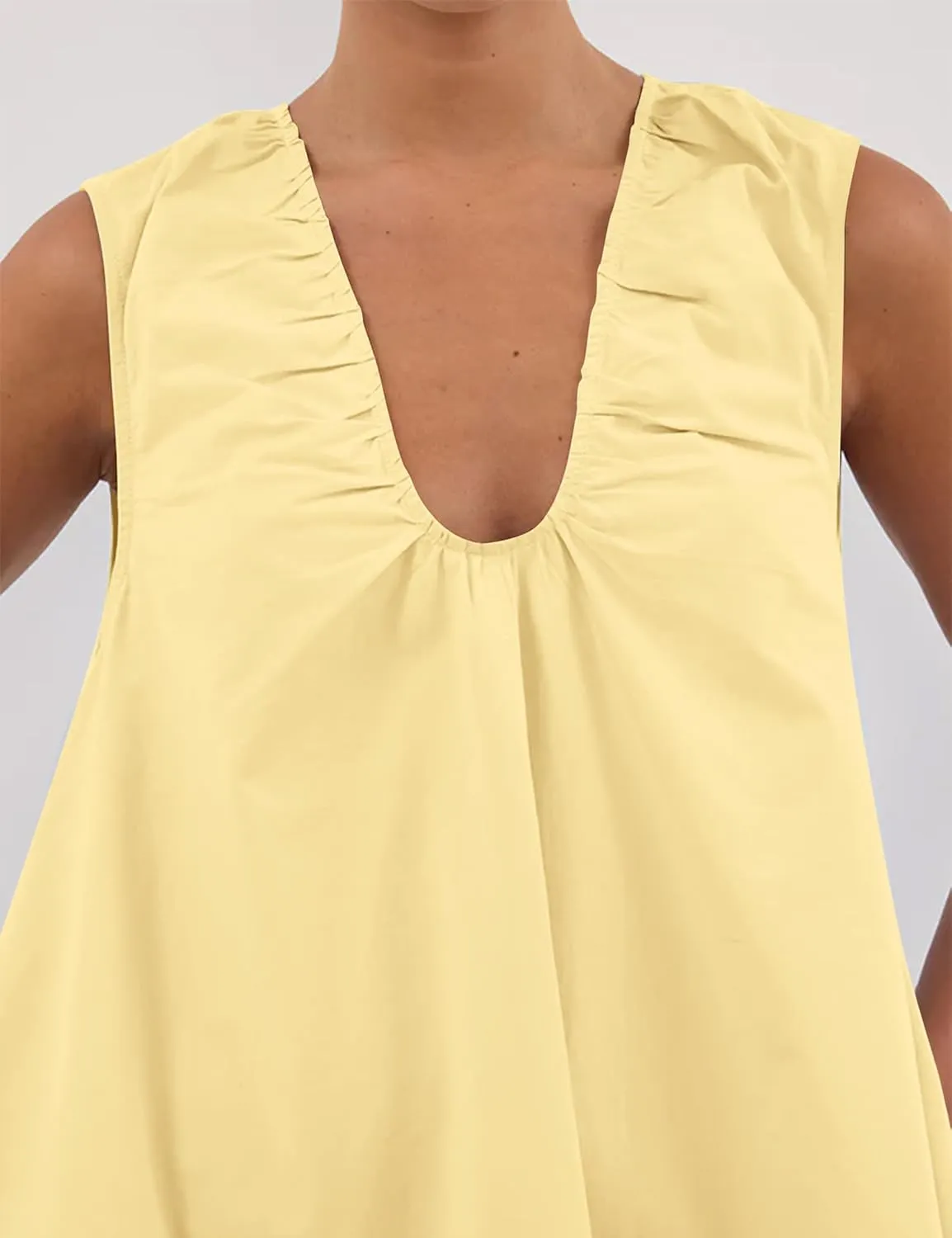 Womens Preppy Babydoll Tank Mini Dress Scoop Neck Short Sundress Loose Ruched U Neck Summer Party Dresses with Pocket
