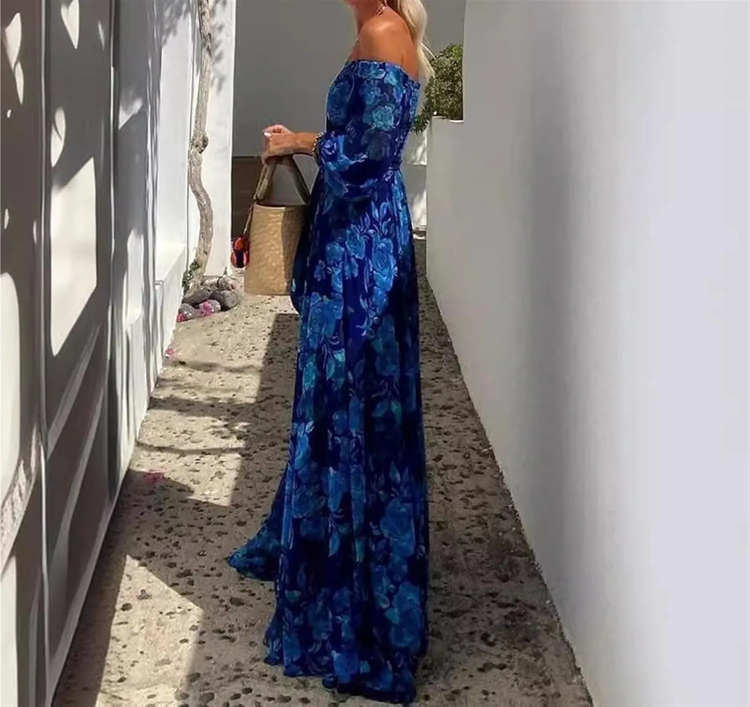 Women's Printed Bohemian Maxi Dress - Off-The-shoulder Long-sleeved Party Dress A Beach Skirt with A Loose Hem At The Waist