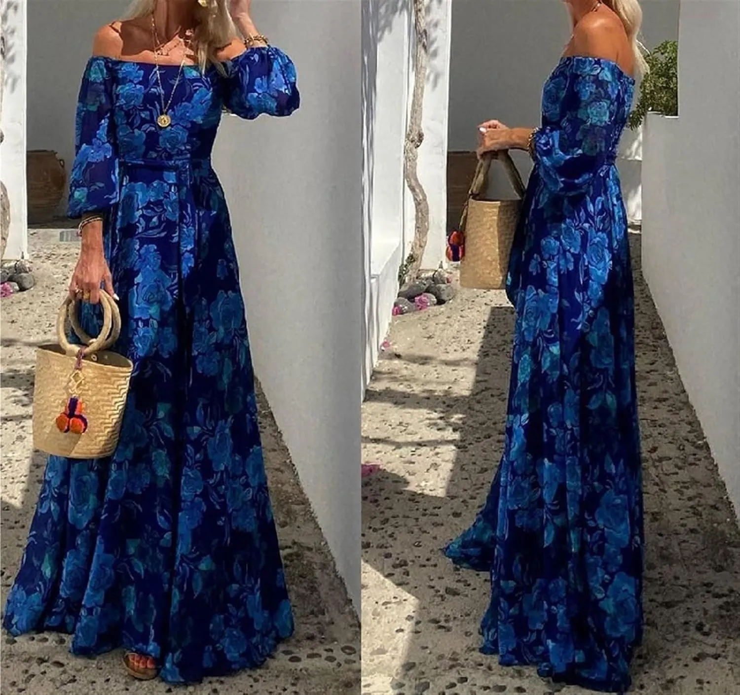 Women's Printed Bohemian Maxi Dress - Off-The-shoulder Long-sleeved Party Dress A Beach Skirt with A Loose Hem At The Waist