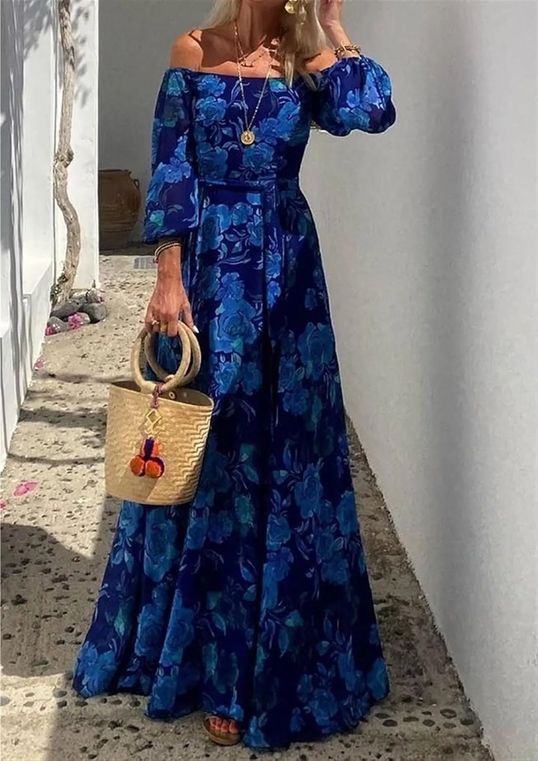 Women's Printed Bohemian Maxi Dress - Off-The-shoulder Long-sleeved Party Dress A Beach Skirt with A Loose Hem At The Waist