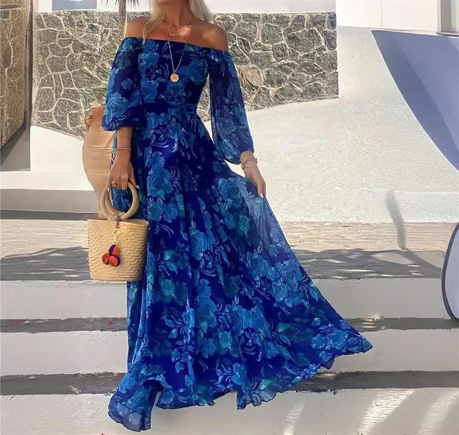 Women's Printed Bohemian Maxi Dress - Off-The-shoulder Long-sleeved Party Dress A Beach Skirt with A Loose Hem At The Waist