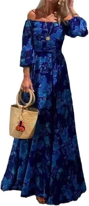 Women's Printed Bohemian Maxi Dress - Off-The-shoulder Long-sleeved Party Dress A Beach Skirt with A Loose Hem At The Waist