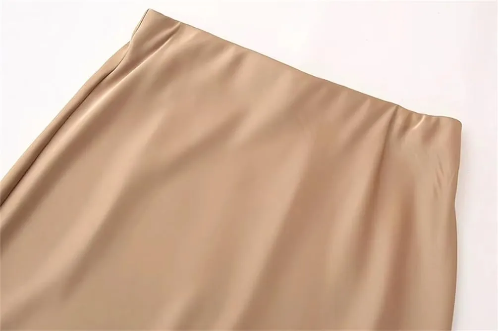 Women's Satin Midi Skirt High Waist with Elastic Waistband Solid Vintage Long Casual Skirts