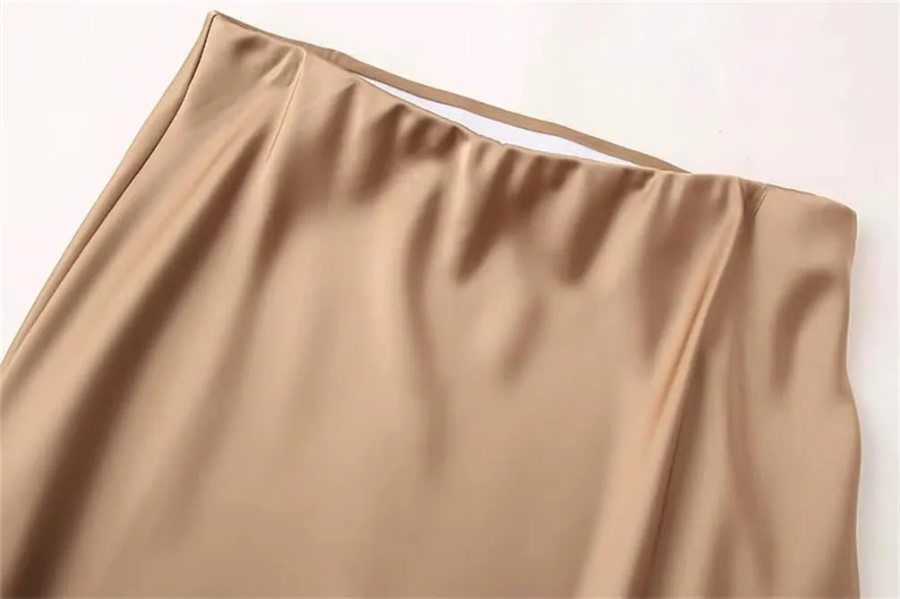 Women's Satin Midi Skirt High Waist with Elastic Waistband Solid Vintage Long Casual Skirts