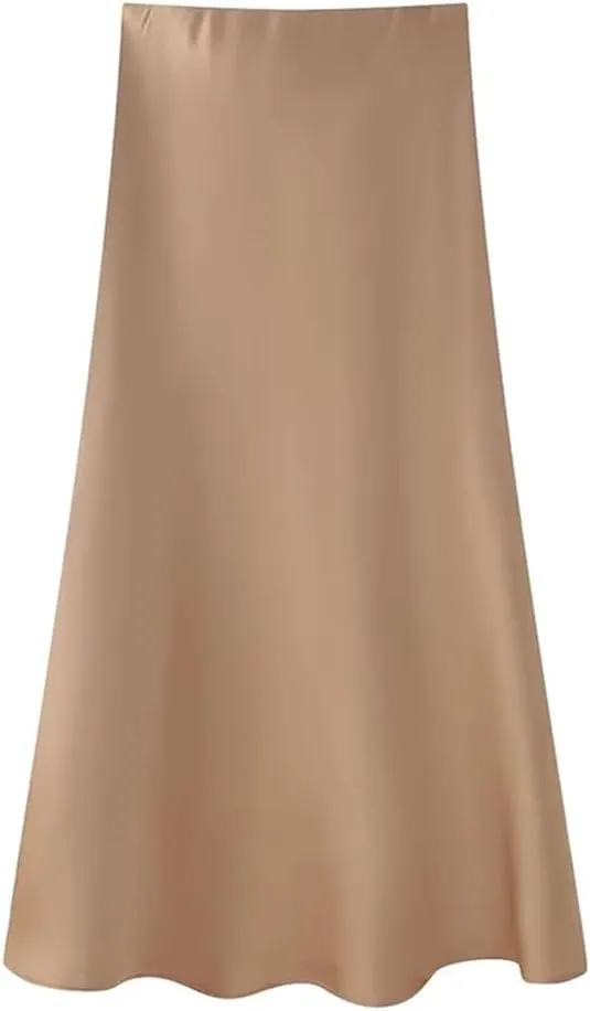 Women's Satin Midi Skirt High Waist with Elastic Waistband Solid Vintage Long Casual Skirts