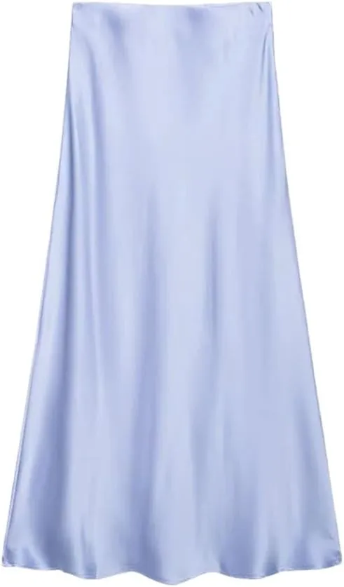 Women's Satin Midi Skirt High Waist with Elastic Waistband Solid Vintage Long Casual Skirts