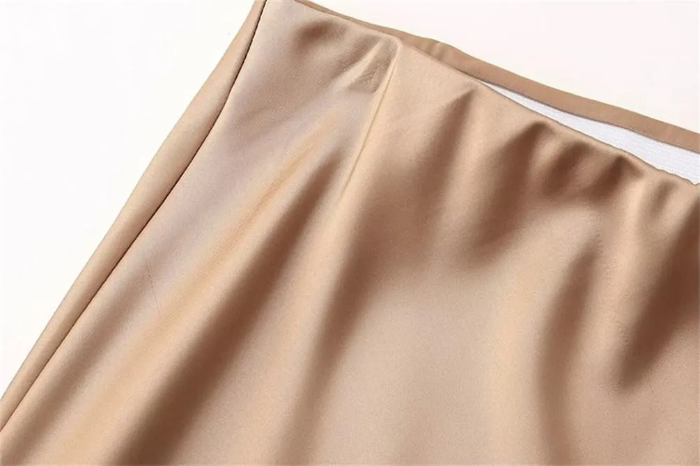 Women's Satin Midi Skirt High Waist with Elastic Waistband Solid Vintage Long Casual Skirts