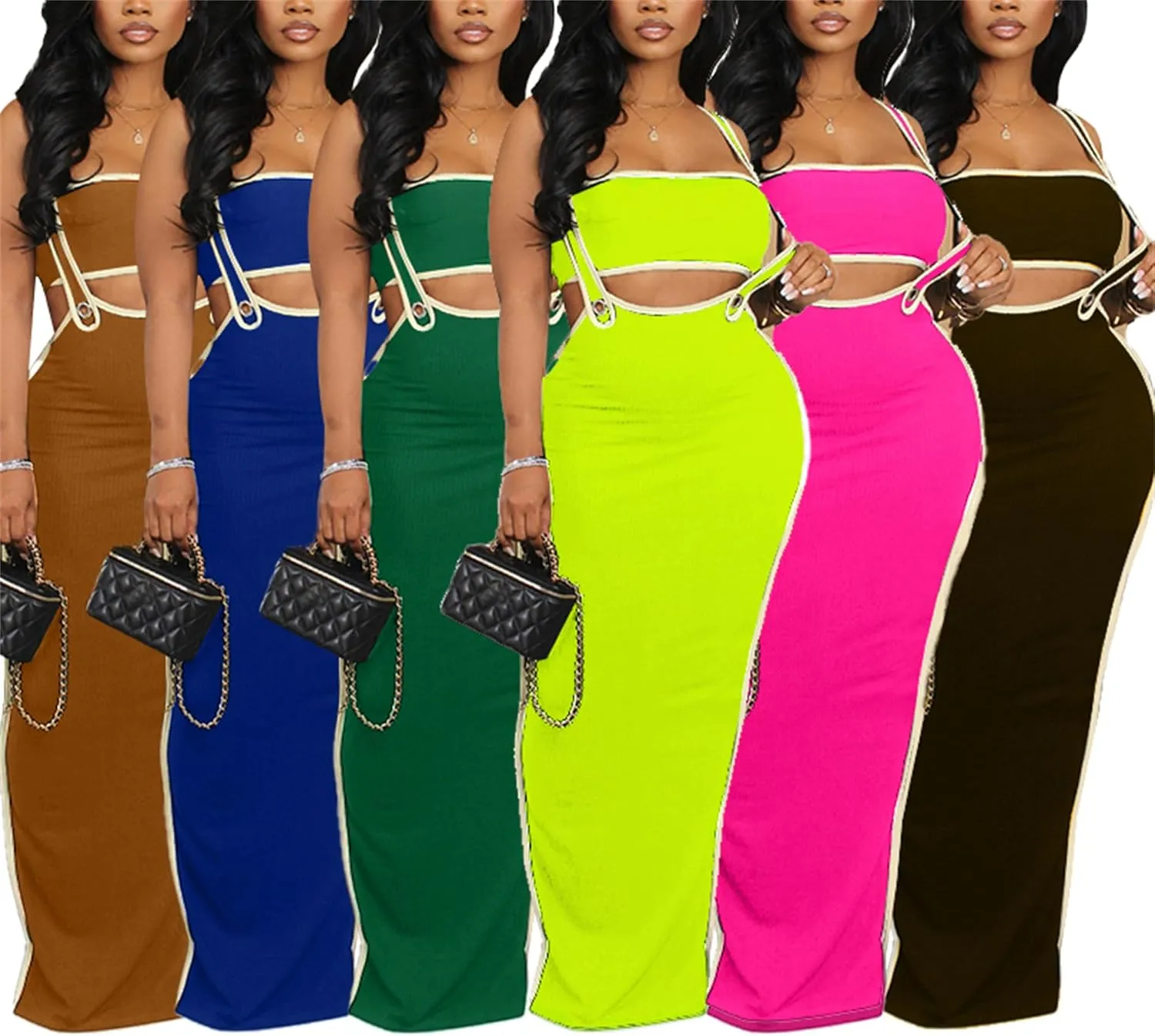 Women's Sexy Two Piece Outfits Summer Tube Crop Top and Strappy Skirt Casual Maxi Dresses Skirt Set