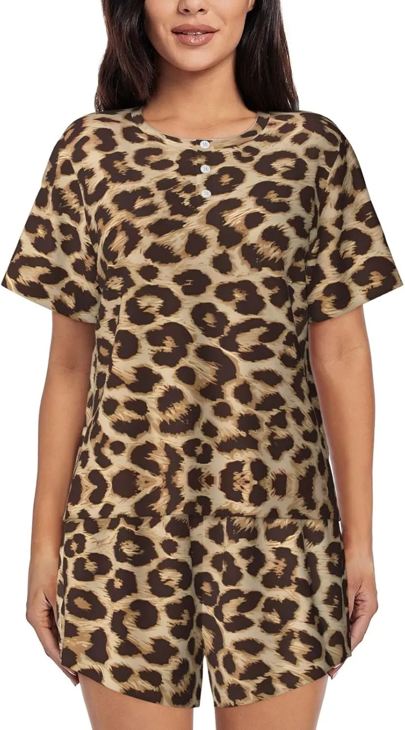 Women's Short-Sleeved Pajama Set - Comfortable Leopard Pattern Print Sleepwear for Loungewear, Vacation, and Night Wear