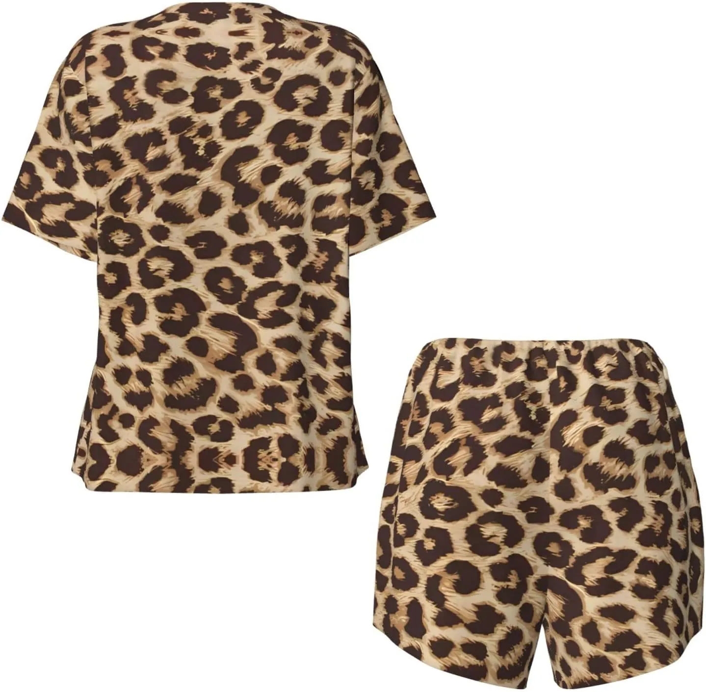 Women's Short-Sleeved Pajama Set - Comfortable Leopard Pattern Print Sleepwear for Loungewear, Vacation, and Night Wear