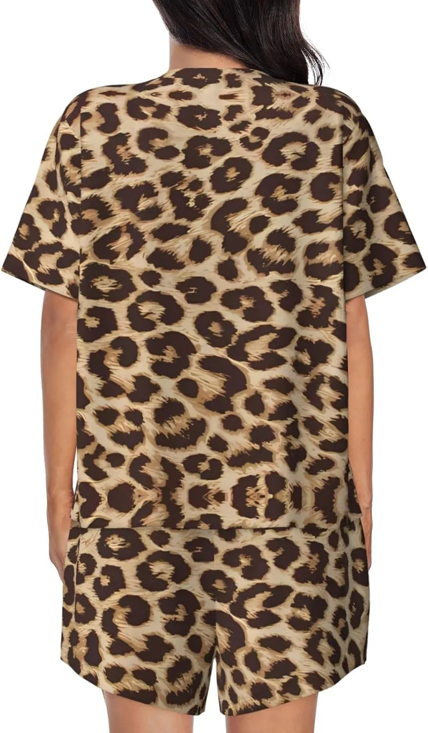 Women's Short-Sleeved Pajama Set - Comfortable Leopard Pattern Print Sleepwear for Loungewear, Vacation, and Night Wear
