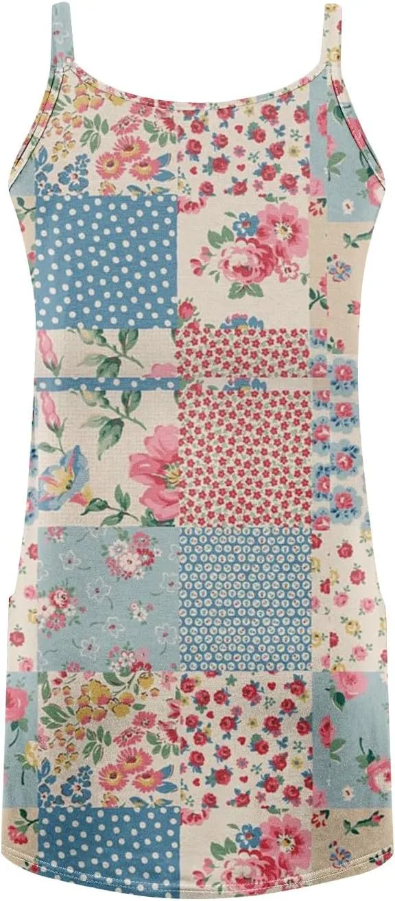Women's Spaghetti Strap Dress Summer Floral Print Sleeveless Sundress Casual Vacation Beach Dresses with Pockets