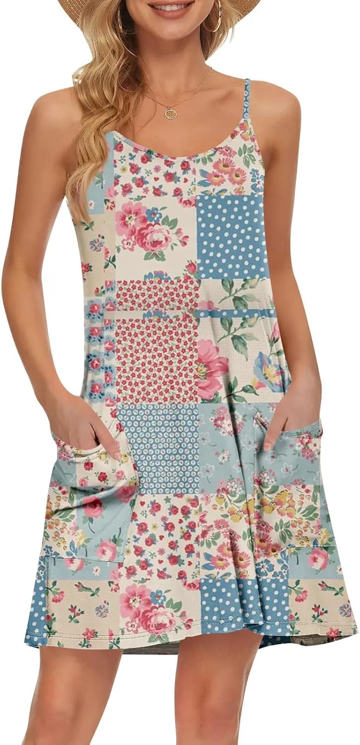 Women's Spaghetti Strap Dress Summer Floral Print Sleeveless Sundress Casual Vacation Beach Dresses with Pockets