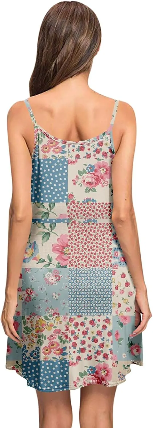 Women's Spaghetti Strap Dress Summer Floral Print Sleeveless Sundress Casual Vacation Beach Dresses with Pockets