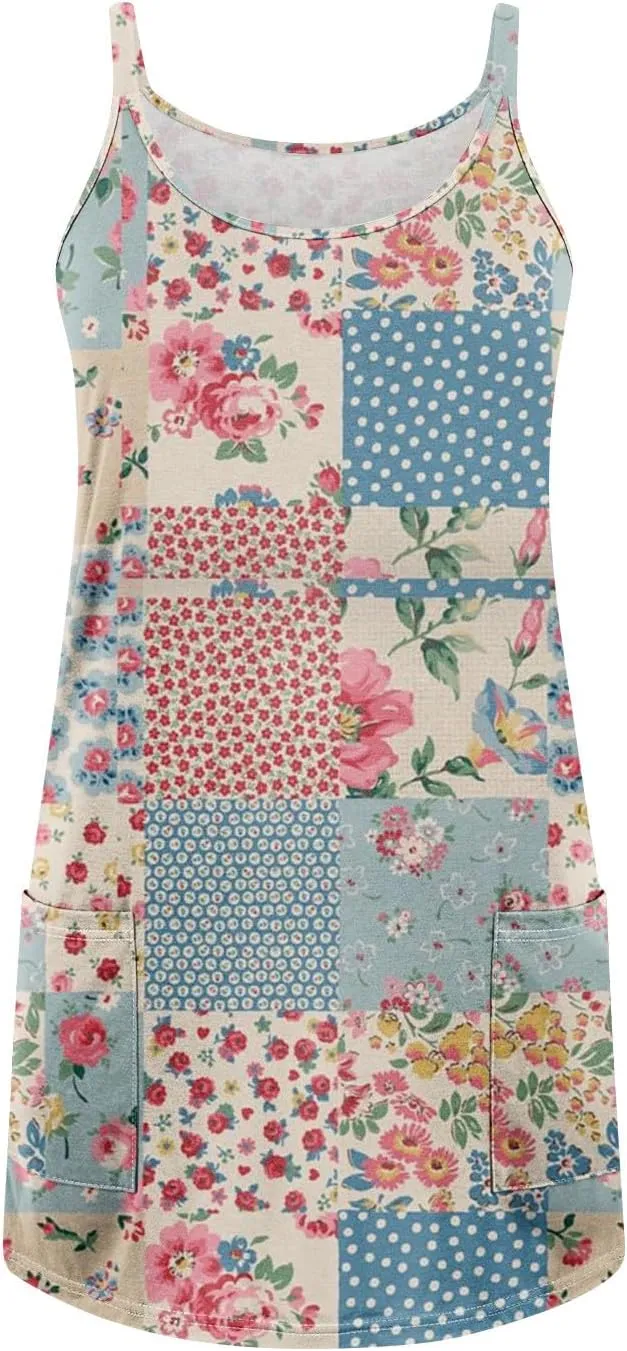 Women's Spaghetti Strap Dress Summer Floral Print Sleeveless Sundress Casual Vacation Beach Dresses with Pockets