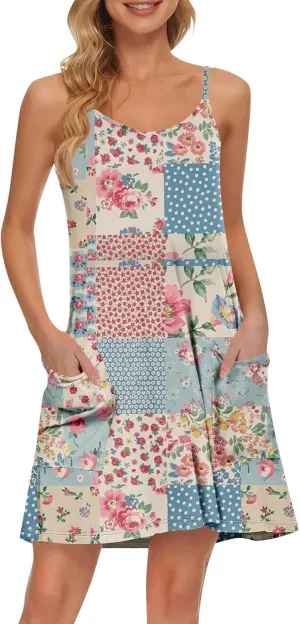 Women's Spaghetti Strap Dress Summer Floral Print Sleeveless Sundress Casual Vacation Beach Dresses with Pockets