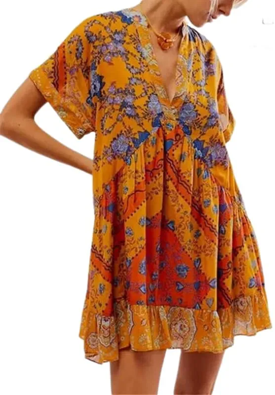 Womens Summer Boho Floral Mini Dresses Deep V Neck Short Sleeve Ruffle Flowy Babydoll Dress with Pockets