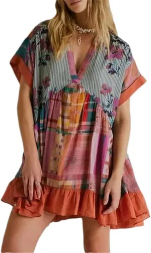 Womens Summer Boho Floral Mini Dresses Deep V Neck Short Sleeve Ruffle Flowy Babydoll Dress with Pockets