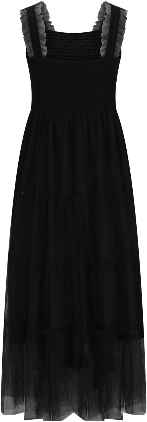 Women's Summer Dress Midi Tulle Dress Sleeveless Smocked Square Neck Ruffle Flowy Party Wedding Guest Sundress 2025