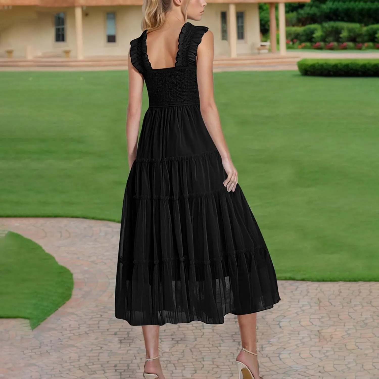 Women's Summer Dress Midi Tulle Dress Sleeveless Smocked Square Neck Ruffle Flowy Party Wedding Guest Sundress 2025