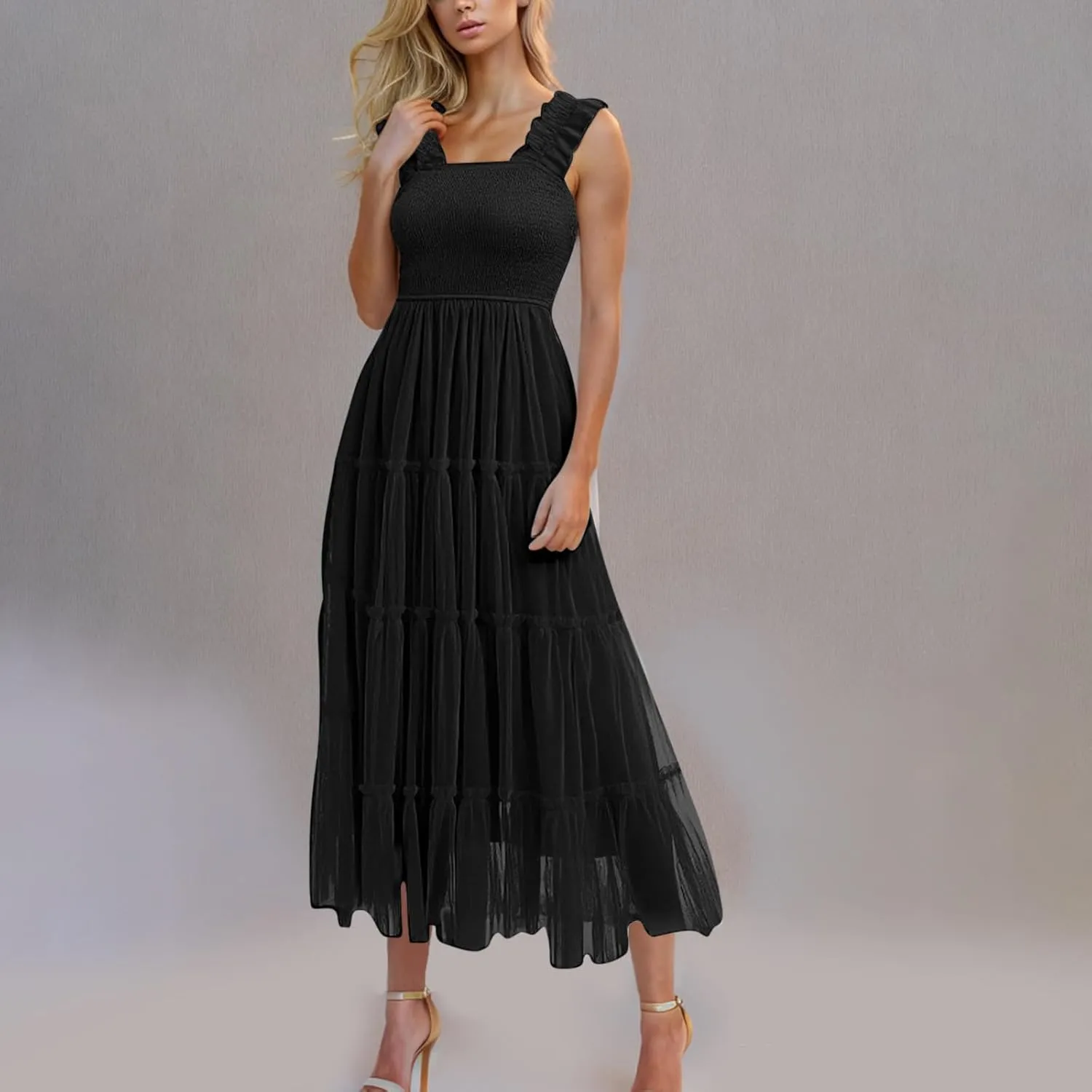 Women's Summer Dress Midi Tulle Dress Sleeveless Smocked Square Neck Ruffle Flowy Party Wedding Guest Sundress 2025