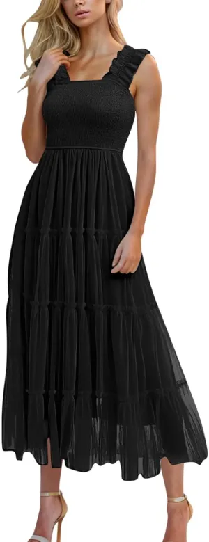 Women's Summer Dress Midi Tulle Dress Sleeveless Smocked Square Neck Ruffle Flowy Party Wedding Guest Sundress 2025