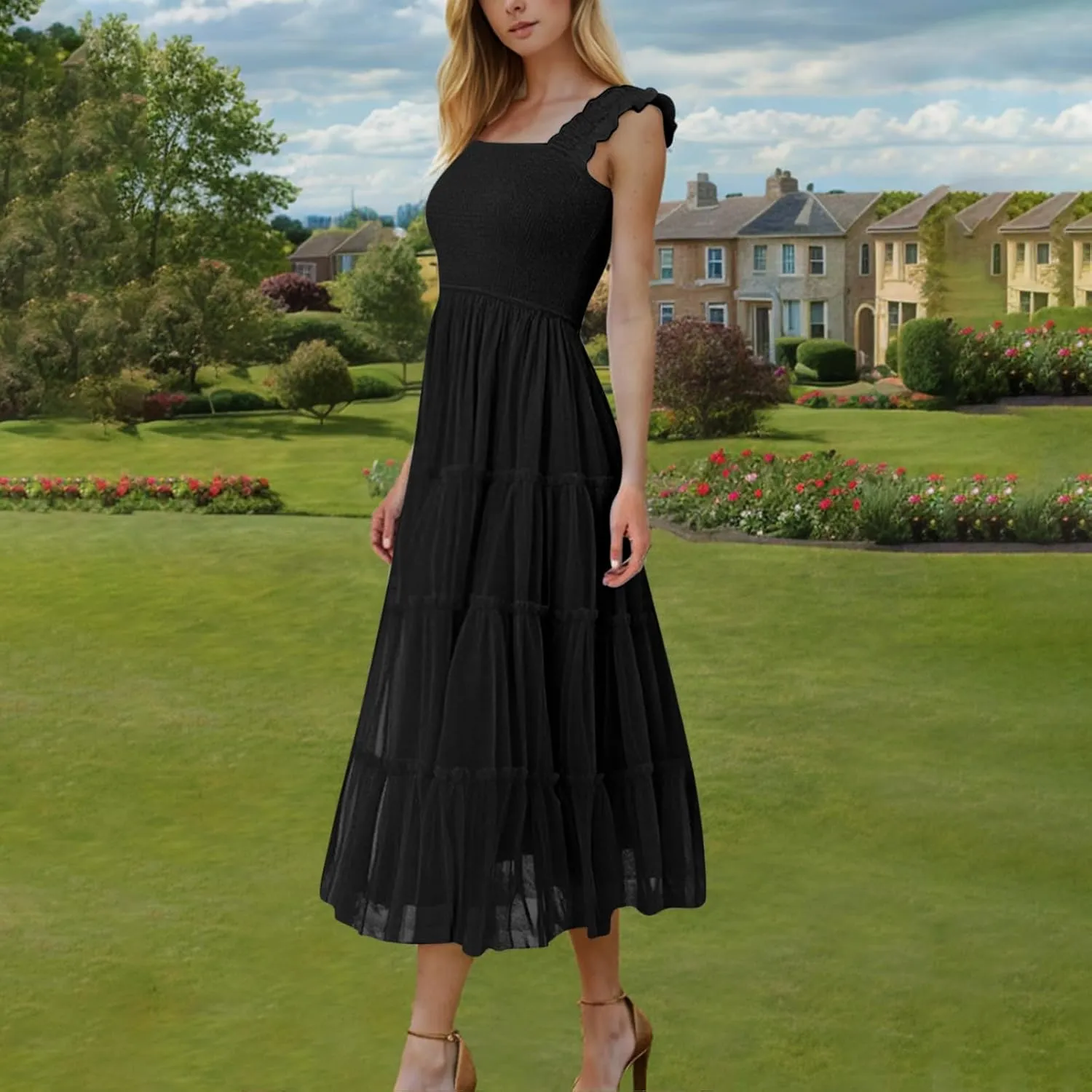 Women's Summer Dress Midi Tulle Dress Sleeveless Smocked Square Neck Ruffle Flowy Party Wedding Guest Sundress 2025