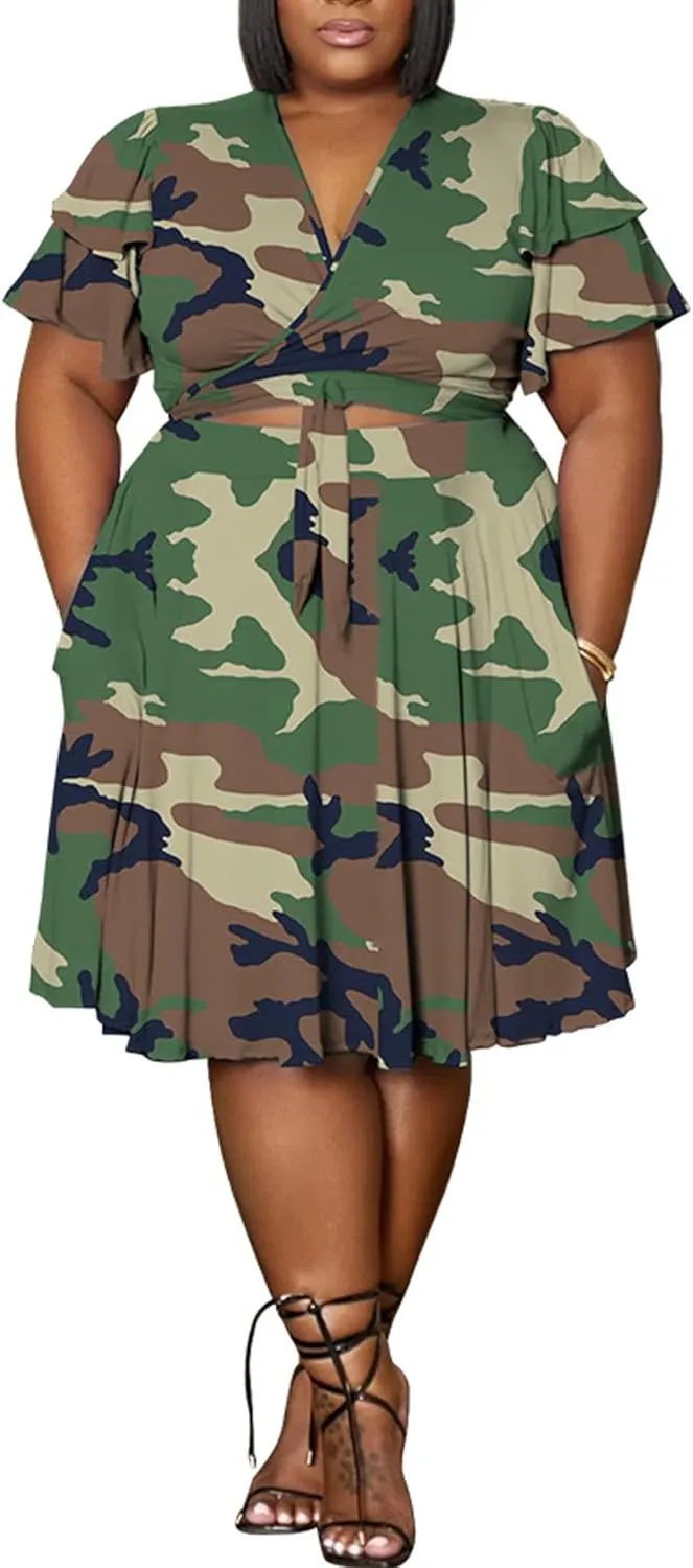 Women's Summer Plus Size 2 Piece Outfits Casual Short Sleeve Bandage Wrap Empire Crop Tops and Midi Skirt Sets
