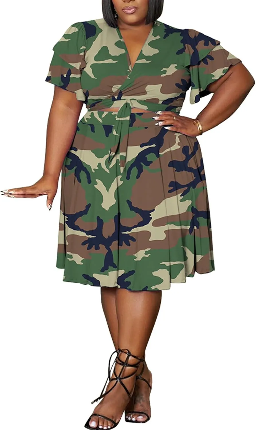 Women's Summer Plus Size 2 Piece Outfits Casual Short Sleeve Bandage Wrap Empire Crop Tops and Midi Skirt Sets