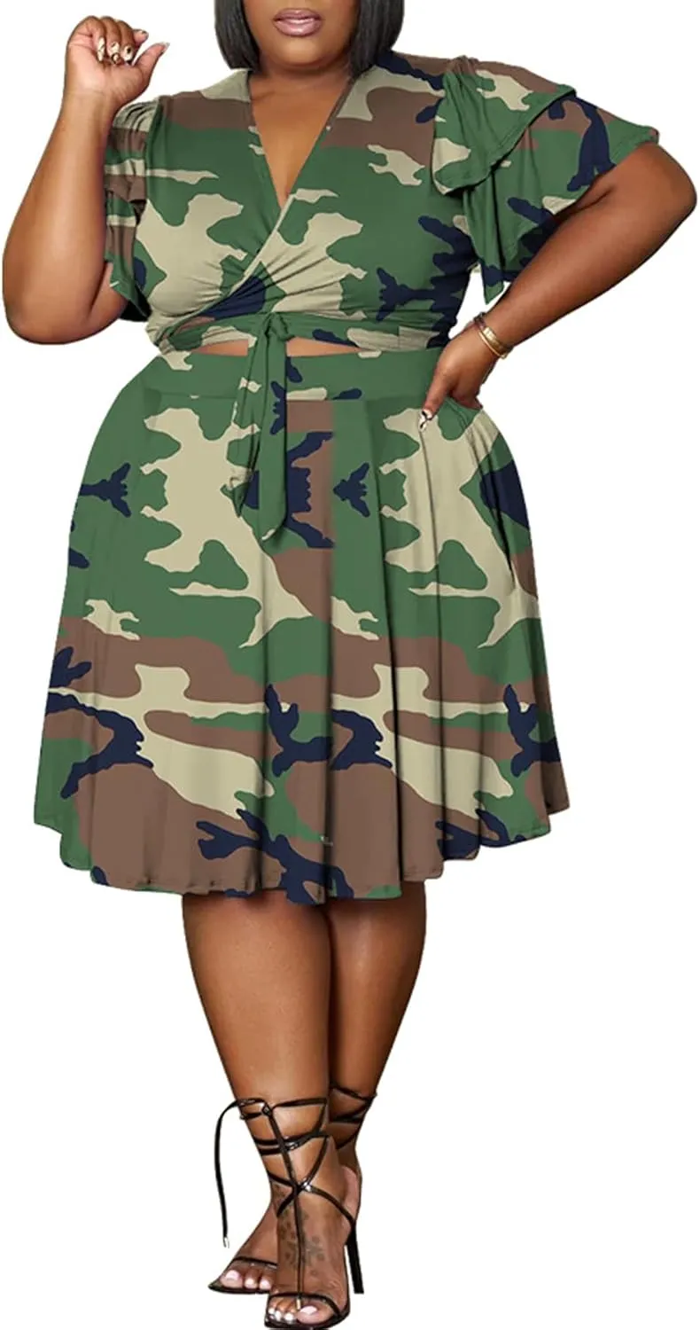 Women's Summer Plus Size 2 Piece Outfits Casual Short Sleeve Bandage Wrap Empire Crop Tops and Midi Skirt Sets
