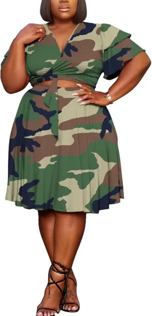Women's Summer Plus Size 2 Piece Outfits Casual Short Sleeve Bandage Wrap Empire Crop Tops and Midi Skirt Sets