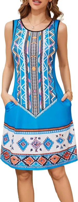 Womens Summer Sundress Aline Sleeveless Crewneck Casual Beach Fit and Flare Mini Short Dress with Pockets