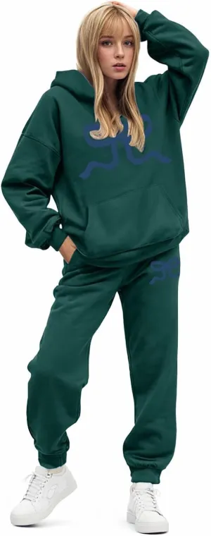 Womens Sweatsuits 2 Piece Set 2025 Oversized Drawstring Hoodie Bow Graphic Print Pullover Jogger Tracksuit with