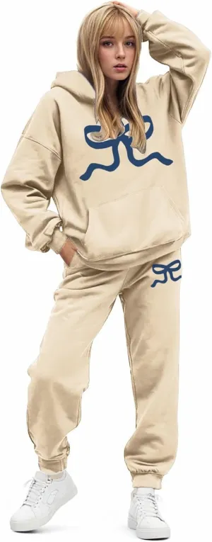 Womens Sweatsuits 2 Piece Set 2025 Oversized Drawstring Hoodie Bow Graphic Print Pullover Jogger Tracksuit with