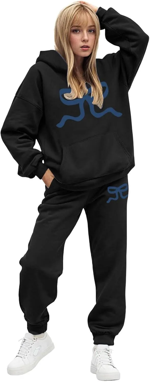Womens Sweatsuits 2 Piece Set 2025 Oversized Drawstring Hoodie Bow Graphic Print Pullover Jogger Tracksuit with