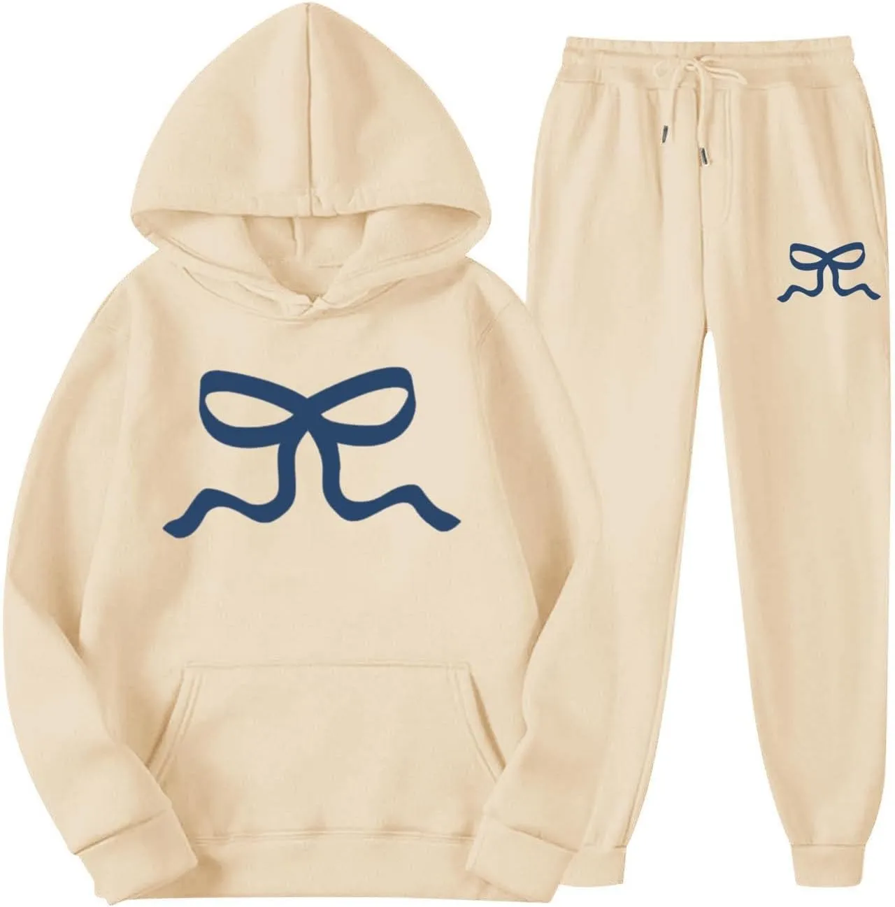 Womens Sweatsuits 2 Piece Set 2025 Oversized Drawstring Hoodie Bow Graphic Print Pullover Jogger Tracksuit with