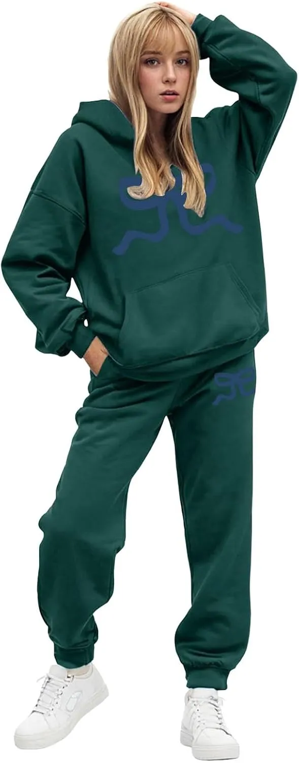 Womens Sweatsuits 2 Piece Set 2025 Oversized Drawstring Hoodie Bow Graphic Print Pullover Jogger Tracksuit with