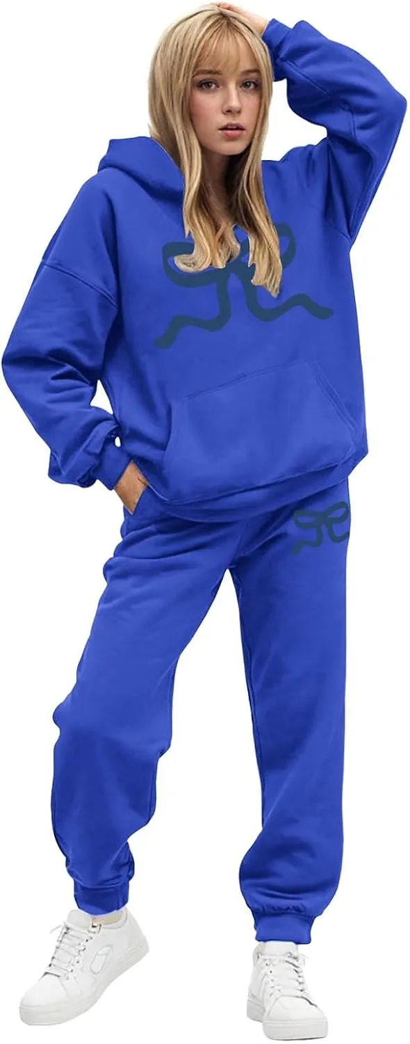 Womens Sweatsuits 2 Piece Set 2025 Oversized Drawstring Hoodie Bow Graphic Print Pullover Jogger Tracksuit with